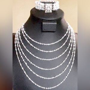 6 Strand AB Silver tone spaghette necklace with its 3 strand AB Bracelet.